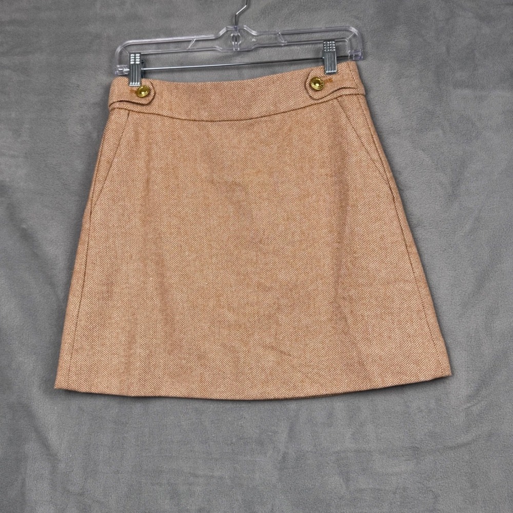 J.Crew‎ Herringbone A-Line Mini Skirt Tan White Gold Button Accent Womens Size 2